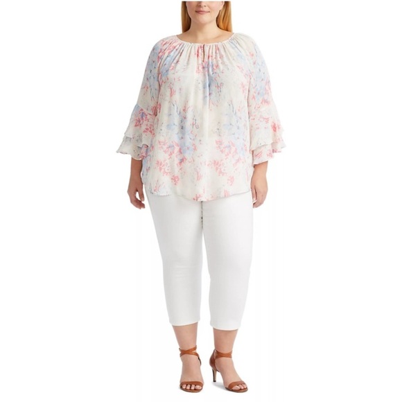 CHAPS Floral Pattern Flutter Ruffle Sleeves Boho Plus Size Blouse PNK/WHT SZ 3X - Picture 7 of 8